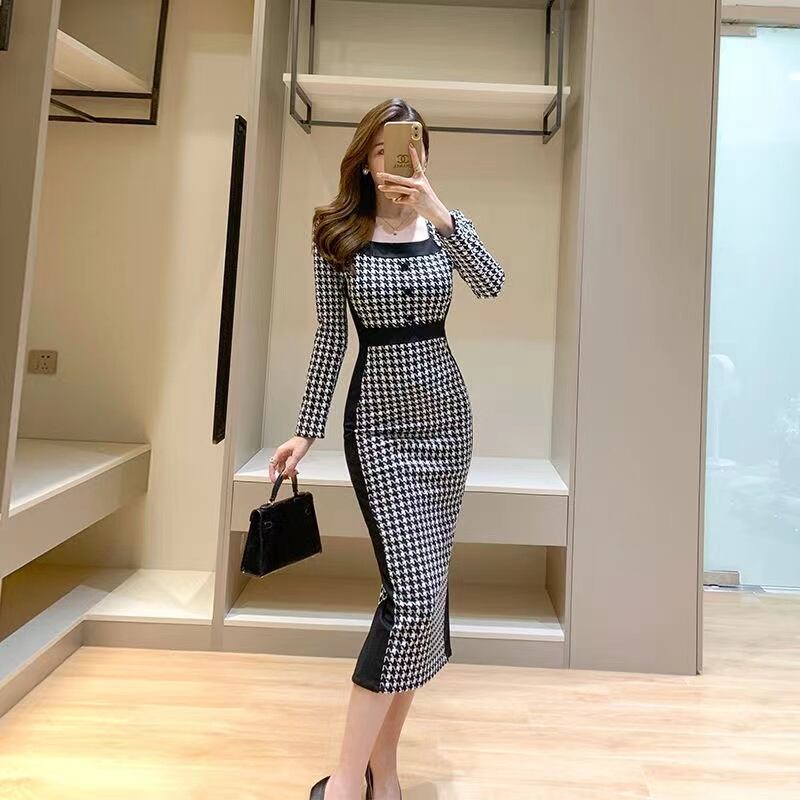 【dress】今季トレンド韓国風INS風スクェアネック長袖千鳥柄ウェスト絞りタイトワンピースF4017