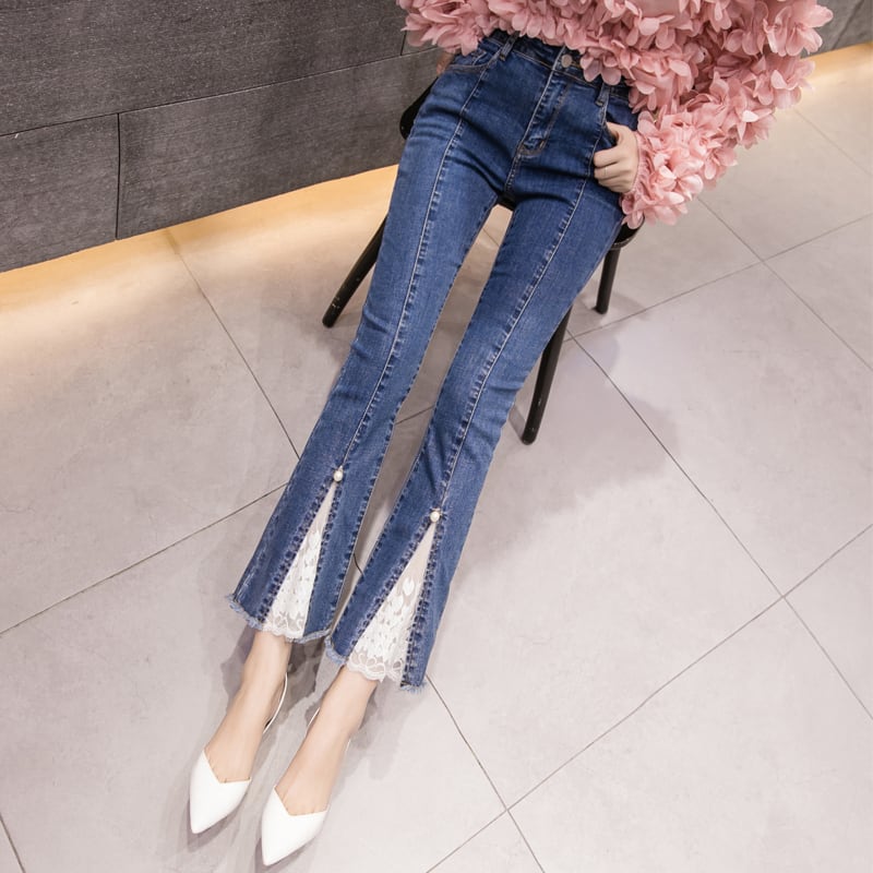 【bottoms】好感度UP!合わせやすい九分丈ハイウエスト着痩せ切り替えレースデニムパンツ G3448