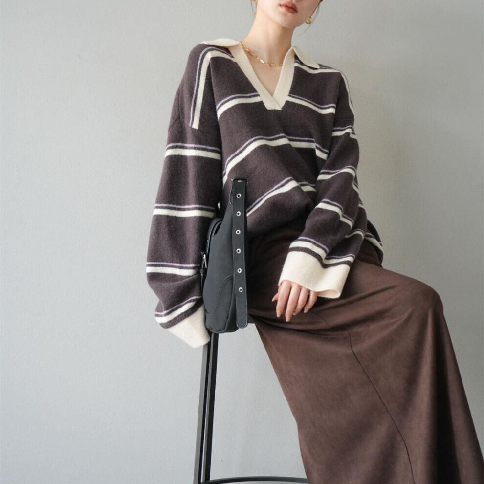 【tops】Ⅴネックボーダー柄ニットトップス N3430