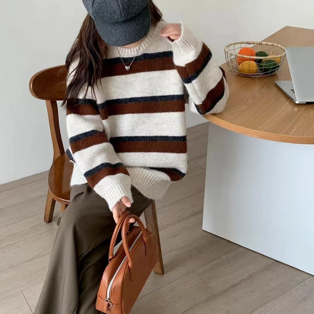 【tops】ボーダー柄ニットセーター　M25673
