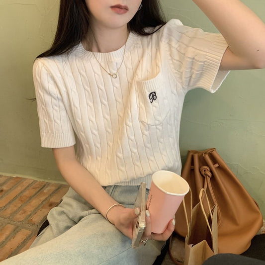 【tops】3色半袖ニットTシャツF7891