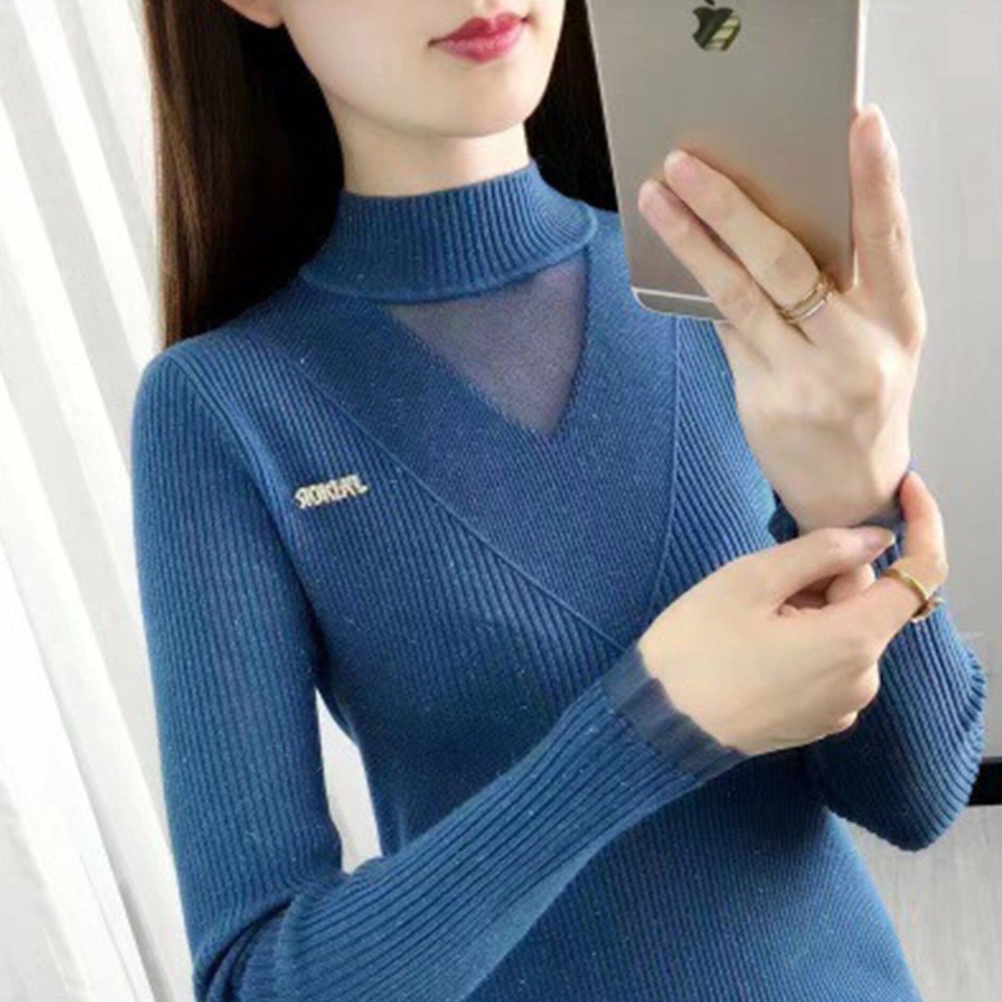 【tops】メッシュ切り替えニットハーフネックセーターG18037