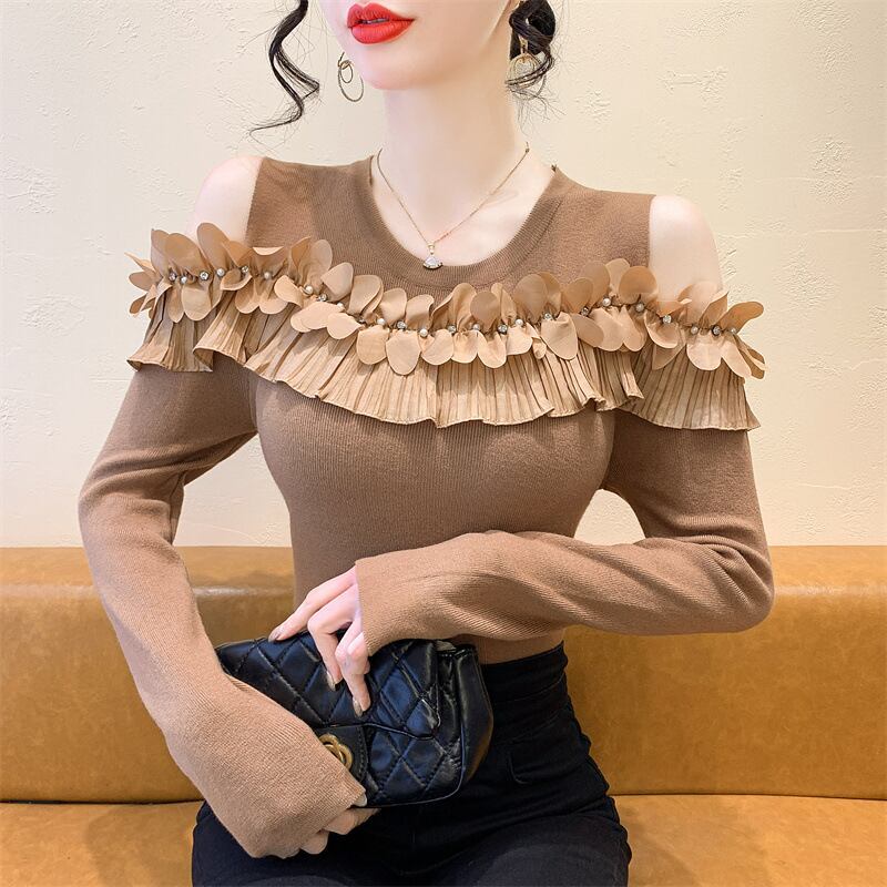 【tops】フリルオフショルダーニットトップス　M27519