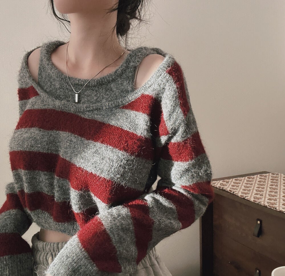 【tops】ボーダー柄切り替えニットセーター　M27774