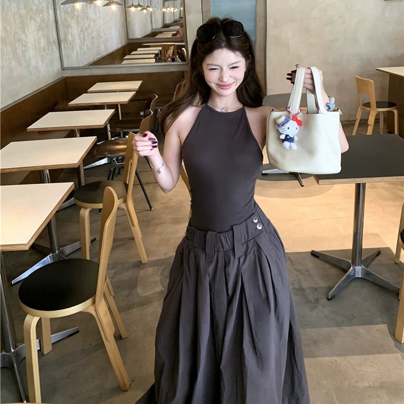 【dress】ノースリーブフェイクレイヤードロングワンピース Q8500