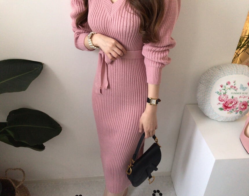 【dress】Vネックスリットタイトニットワンピース G16693