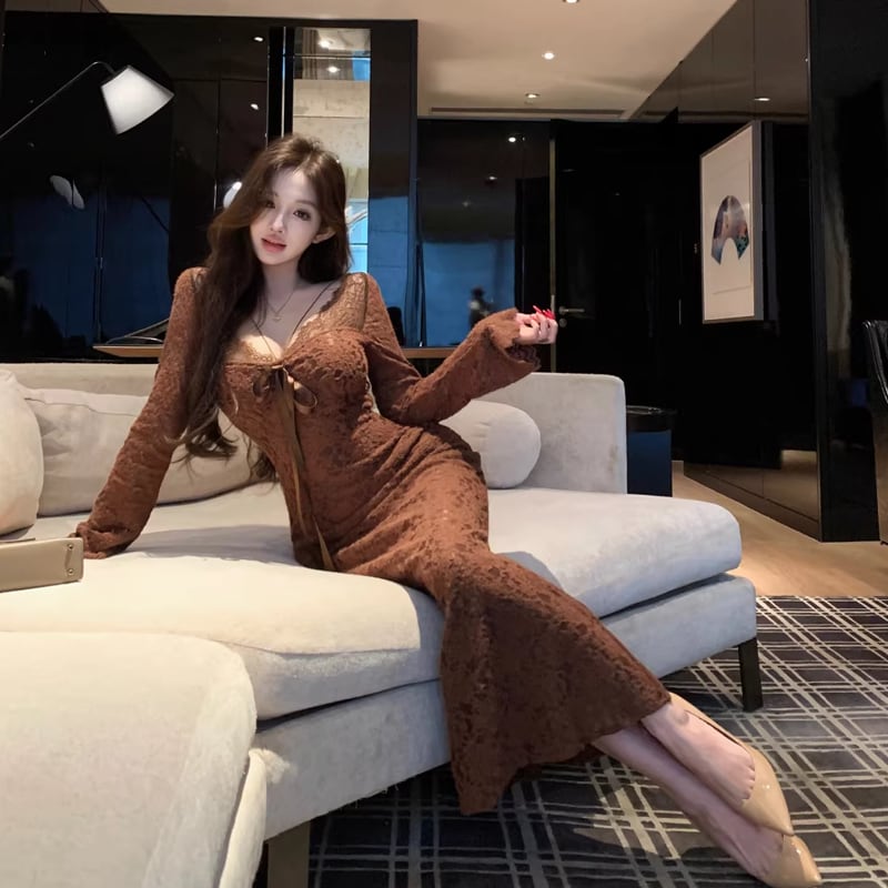 【dress】胸パット付きロングレースワンピース Q8167