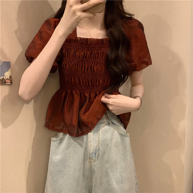 【tops】スクェアネックギャザーブラウスF7543