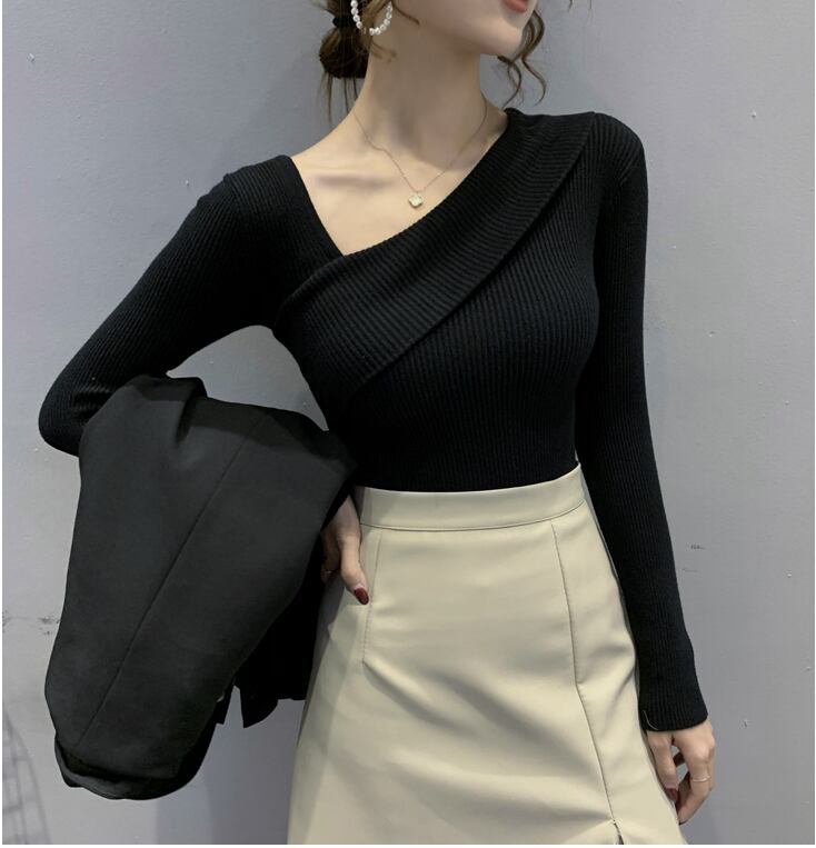 【tops】早い者勝ち! 長袖オブリークネック韓国ファッション着回しゆったりニットセーターW0782