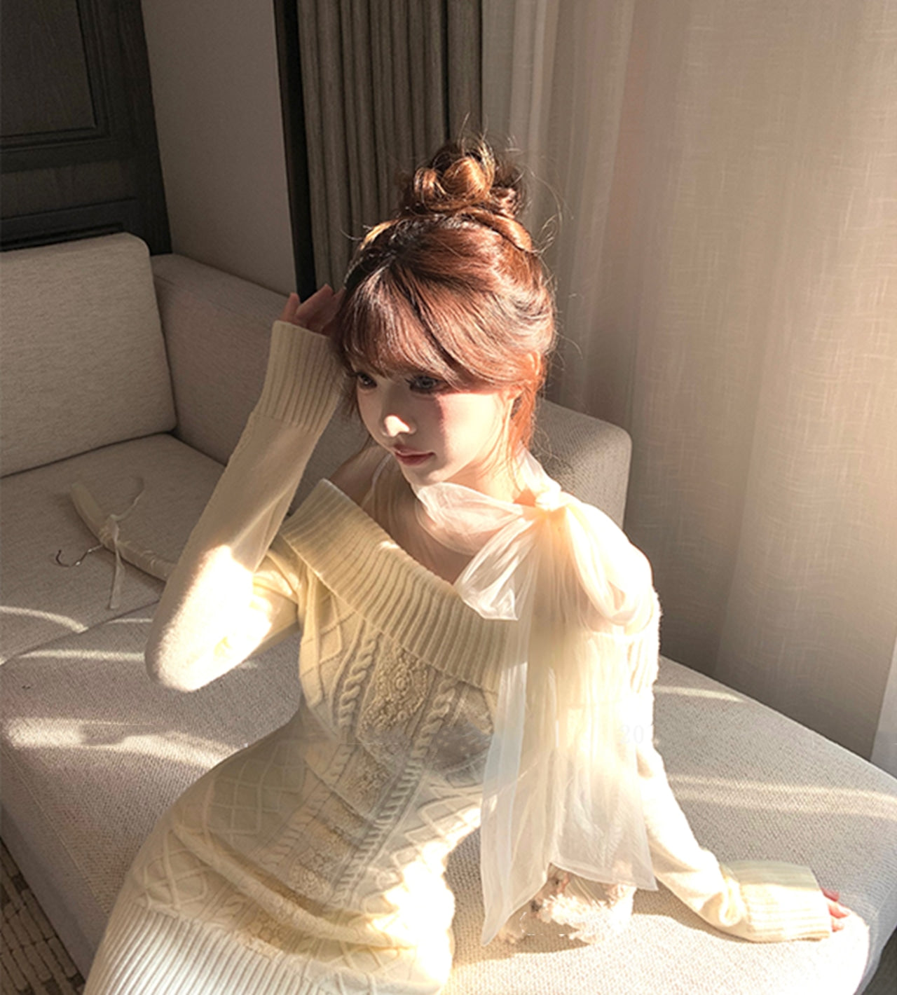 【dress】チュールドッキングリボンニットワンピースF8471