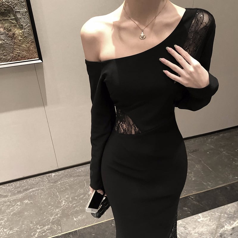 【dress】オフショルダーレース切り替えワンピース　M28707