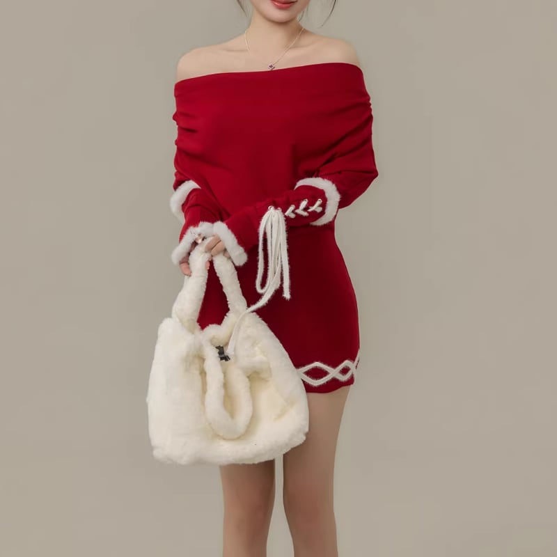 【dress】ファー付きオフショルダーニットワンピース Q7730