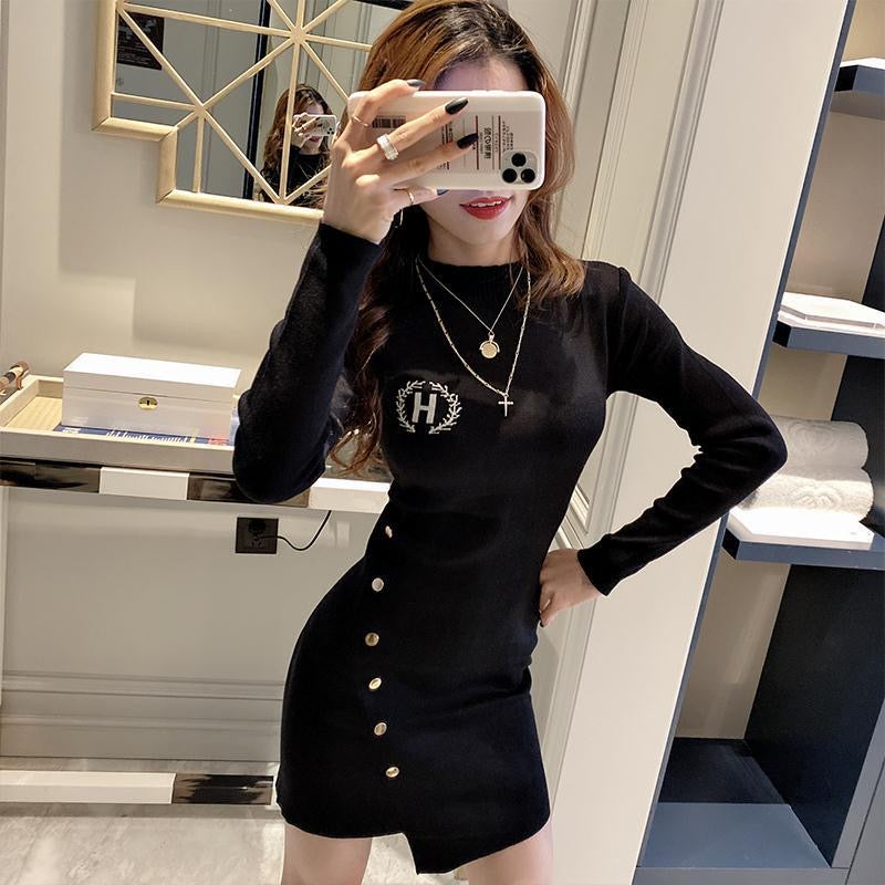 【dress】長袖体型カバーニットワンピースF8344