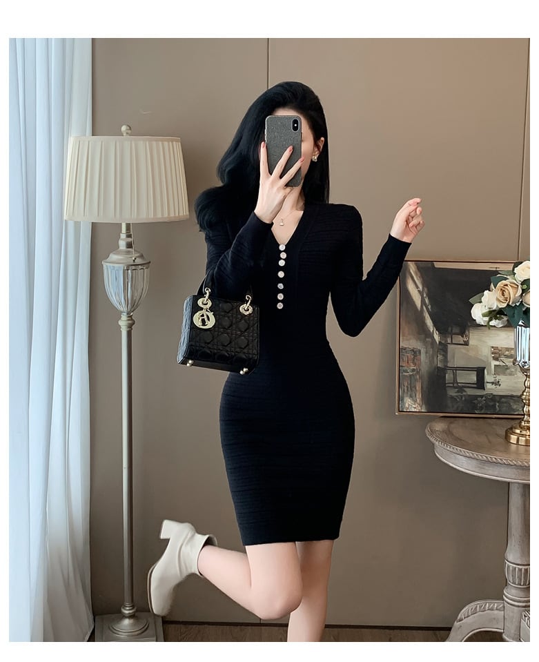 【dress】Vネックニットワンピース　M25346