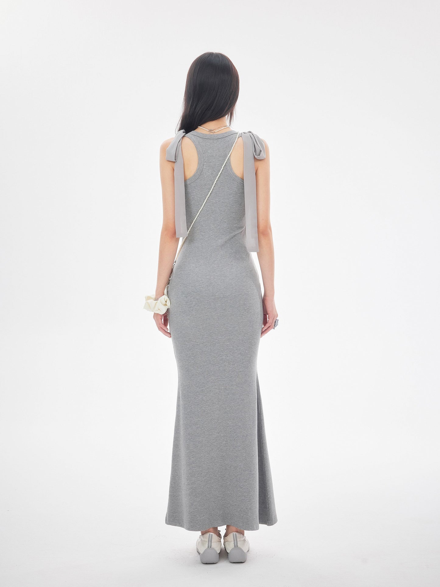 【dress】ショルダーリボンシェイプリブカットロングワンピース　N3520