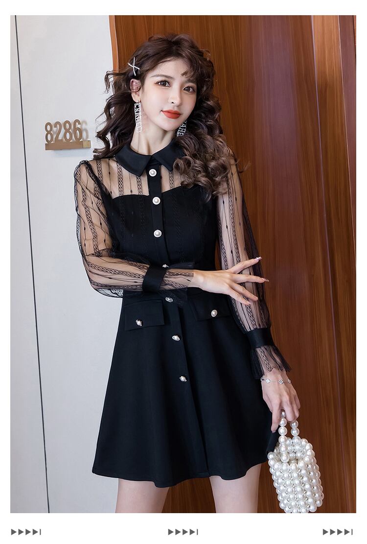 【dress】ファッション好感度UP!気質満点レトロPOLOネック切り替え着痩せワンピース