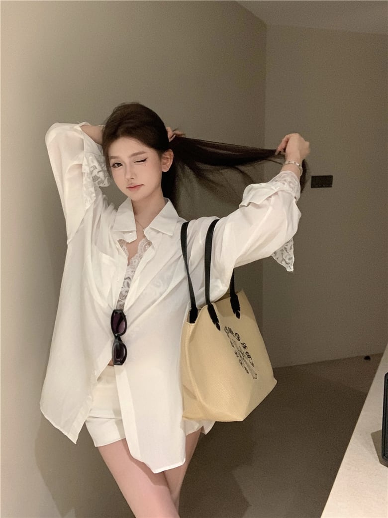 【set】UVカットシャツ×レースノースリーブトップスセット　N2685