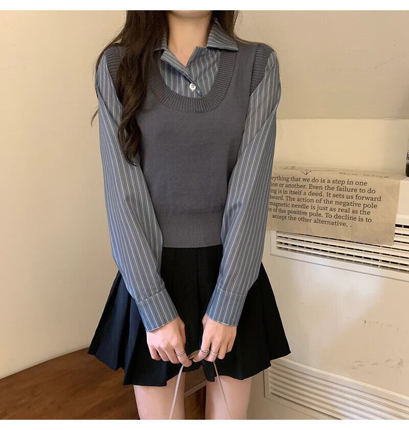 【tops】POLOネック切り替えニットトップス　N2834