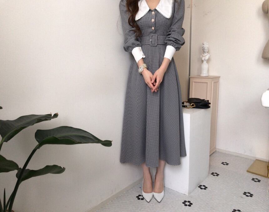 【dress】秋高級感 気質満点ドールカラーフランス風チェック柄ワンピース G1784