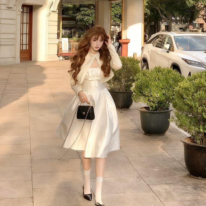 【dress】リボン付きノースリーブフレアワンピース Q7989