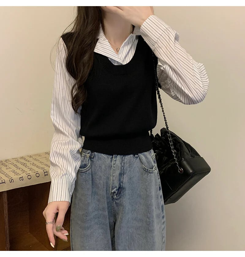 【tops】POLOネック切り替えニットトップス　N2834