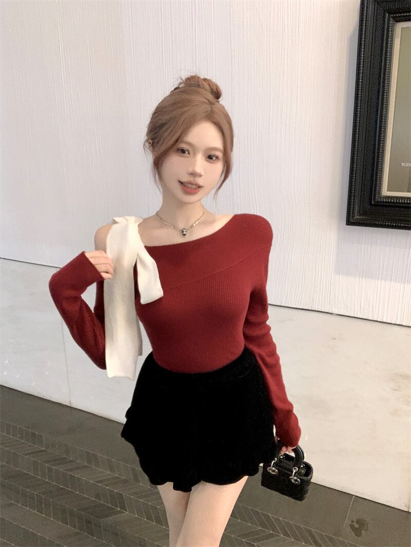 【tops】ショルダーリボンアシンメニットトップス　N2870