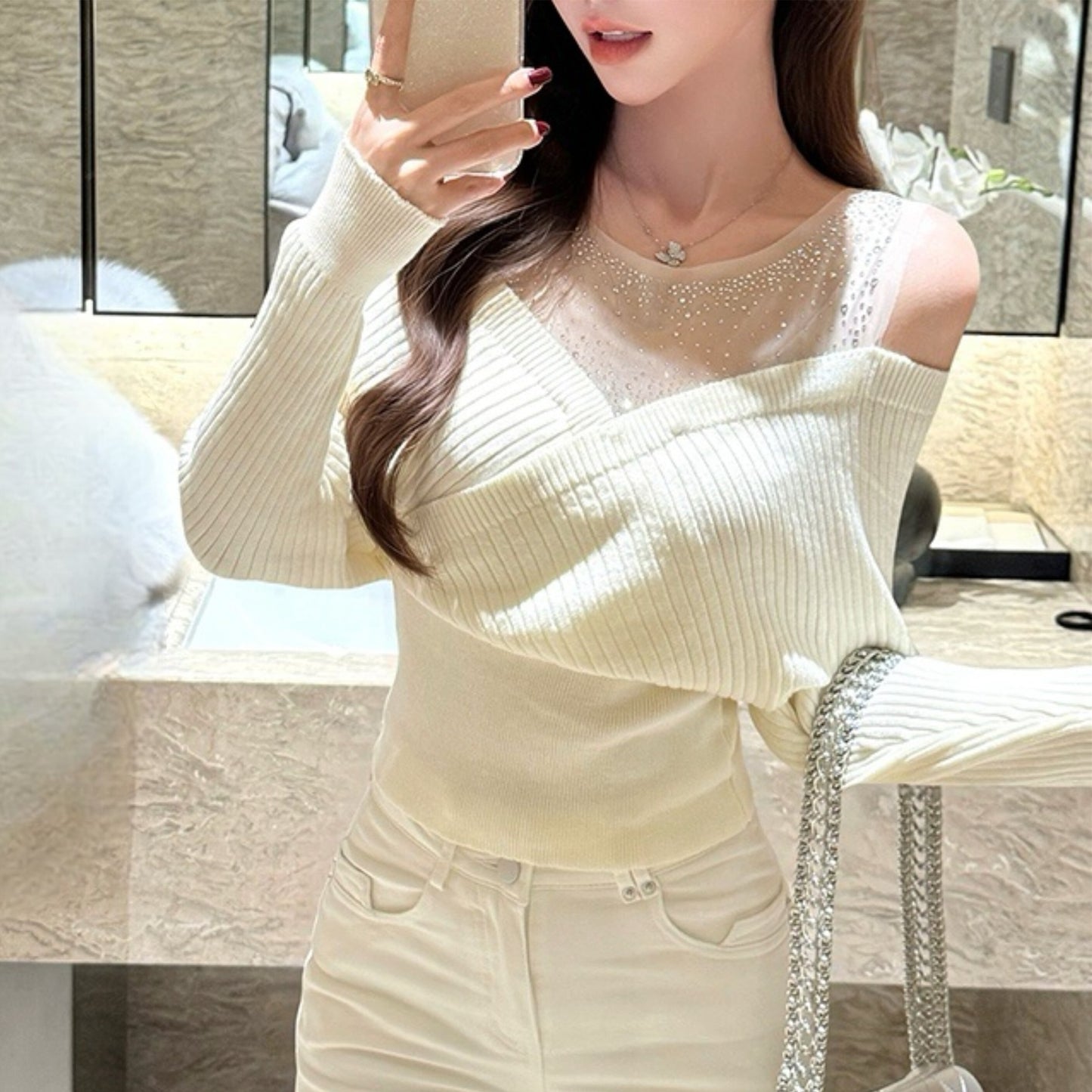 【tops】ラインストーンチュールレイヤードオフショルニット　N3507