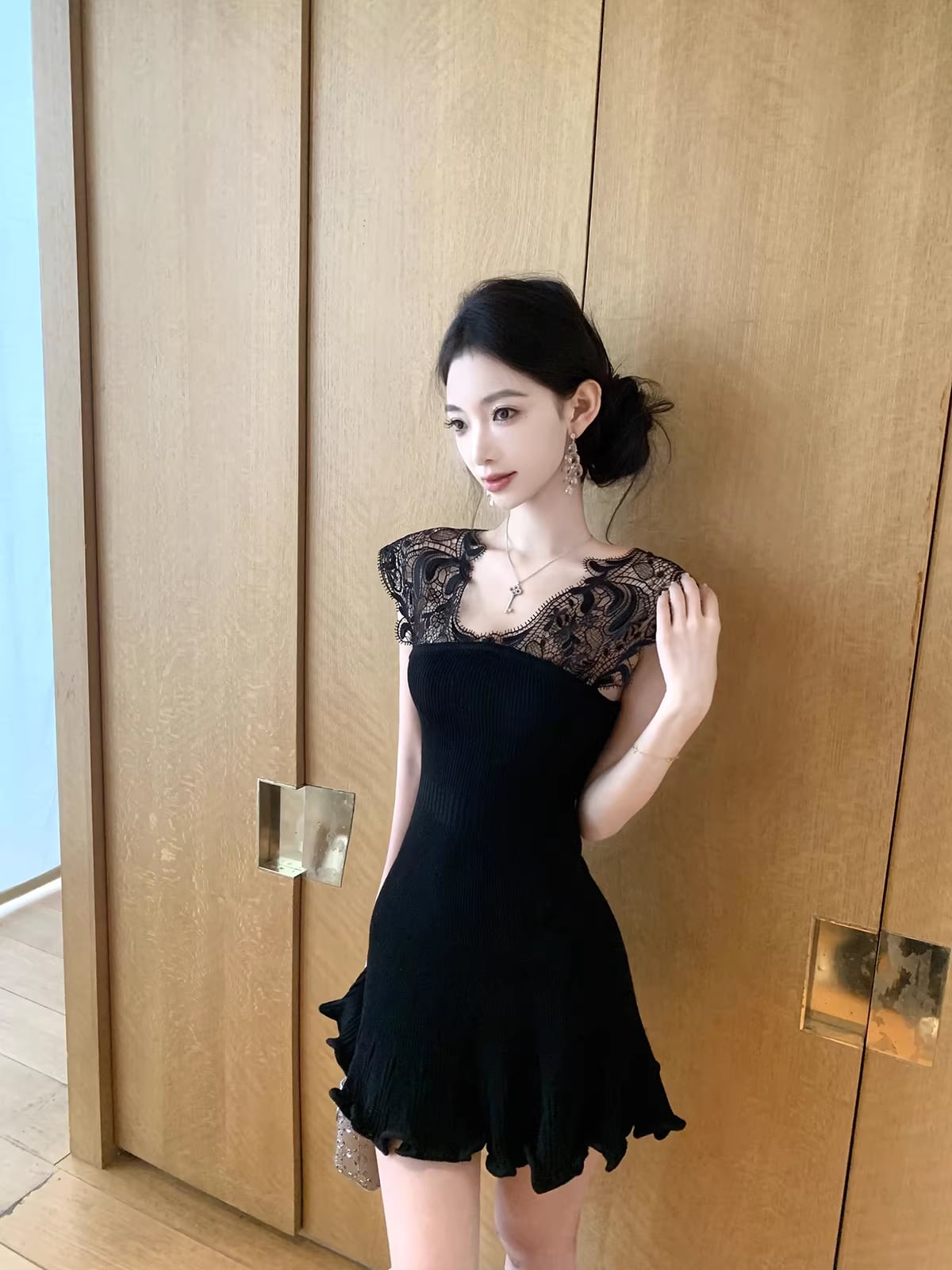 【dress】ノースリーブレースドッキングミニワンピース Q8469