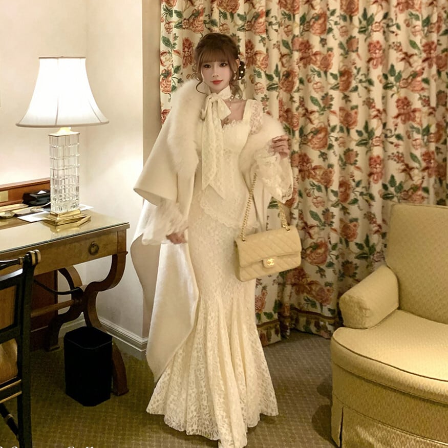 【dress】ベルスリーブマーメイドレースワンピース　N3499