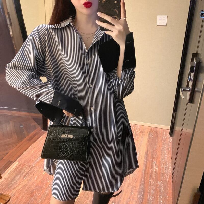 【set】ファッション気質満点個性派スカート+切り替えストライプ柄シャツワンピース２点セット G9207