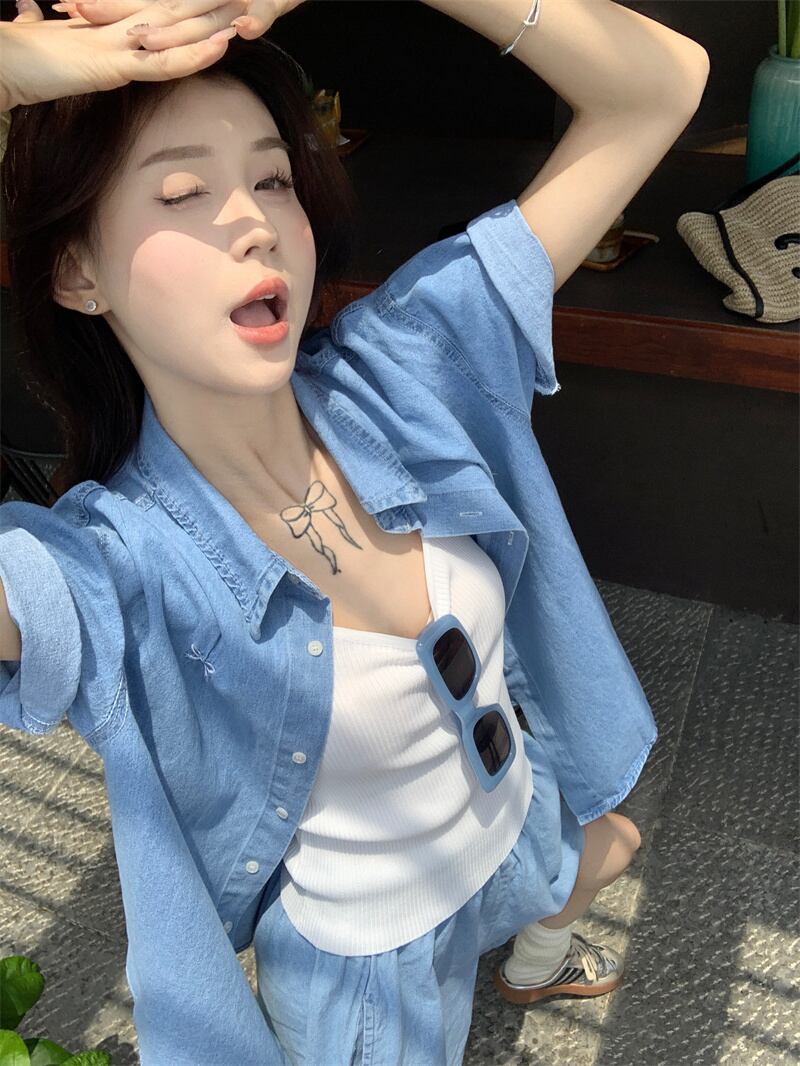 【set】薄手デニムブラウス+ショートパンツ２点セットG21568