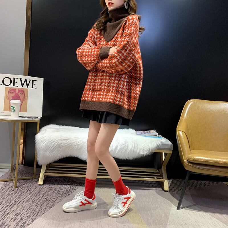 【tops】美人度アップ!韓国系ハイネック偽二つ切り替え秋冬ゆったりルーズ厚手セーター G3658