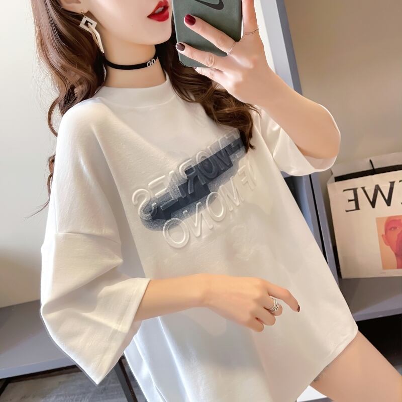 【tops】ラウンドネック半袖ゆったり着回し英字柄配色TシャツF0054