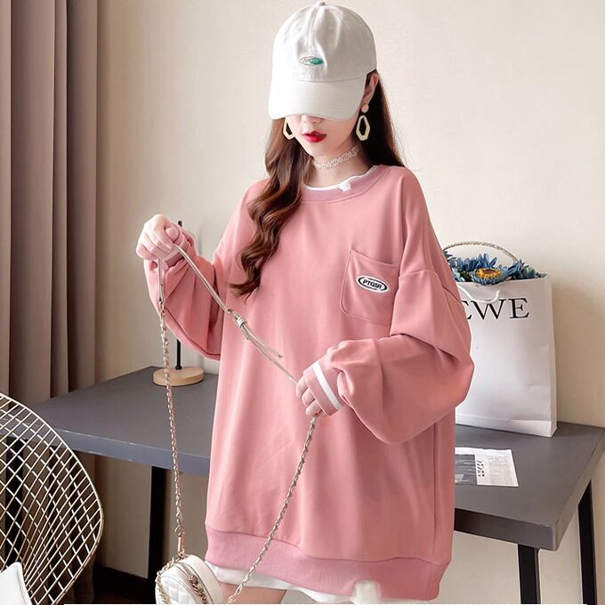 【tops】ラウンドネック長袖偽二つ切り替え英字柄ゆったり着回しパーカーF0676