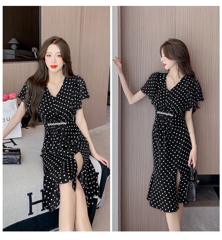 【dress】フランス風体型カバードット柄スリットワンピース G15210