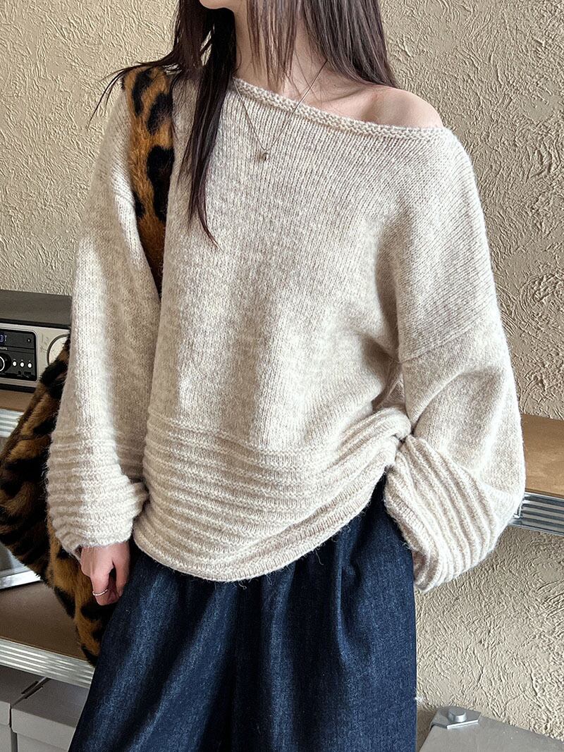 【tops】オフショルダーバルーンスリーブニットトップス　N2911