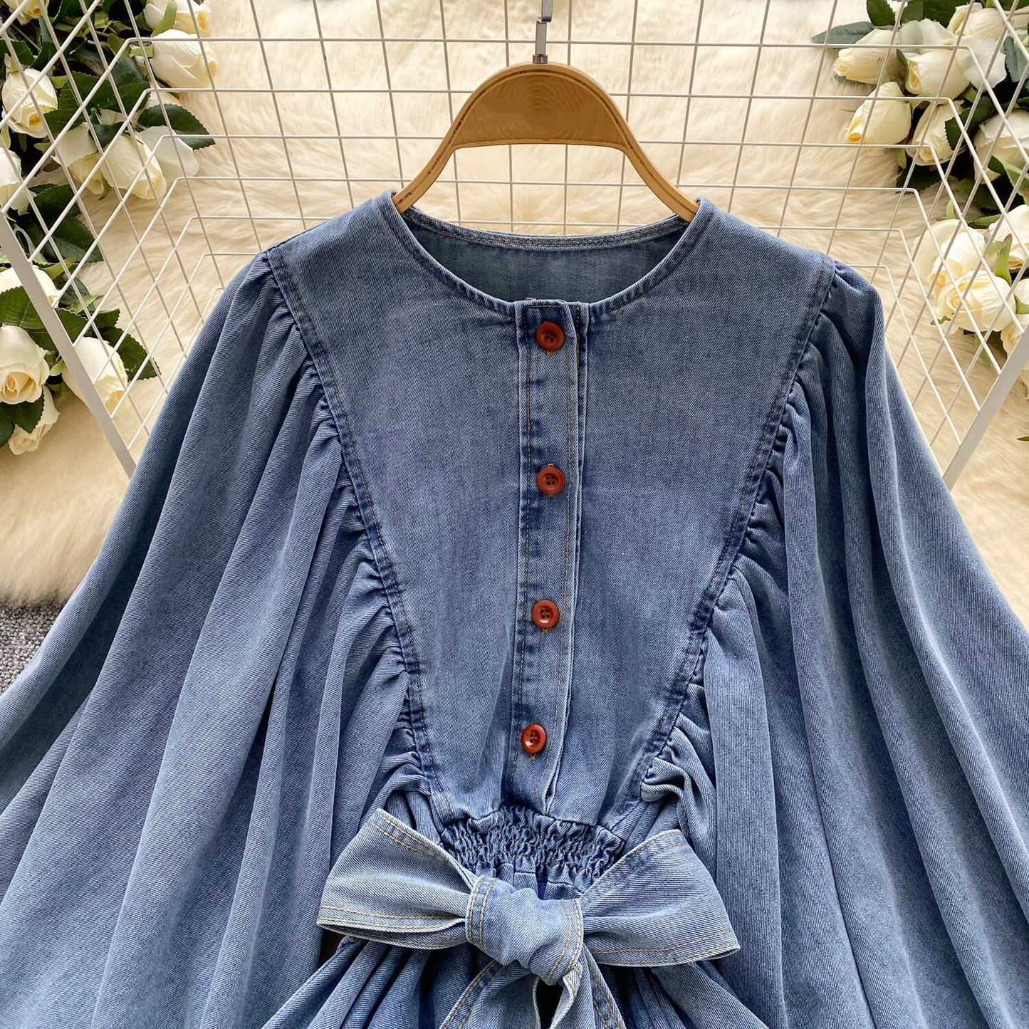 【tops】ランタンスリーブデニムシャツ　M29723