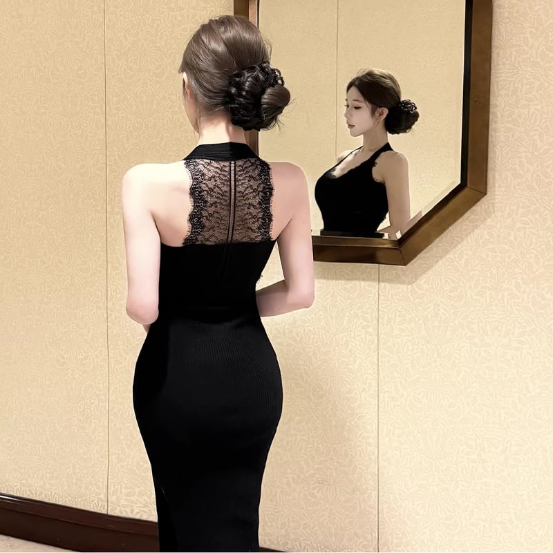 【dress】レースドッキングロングニットワンピース Q8002