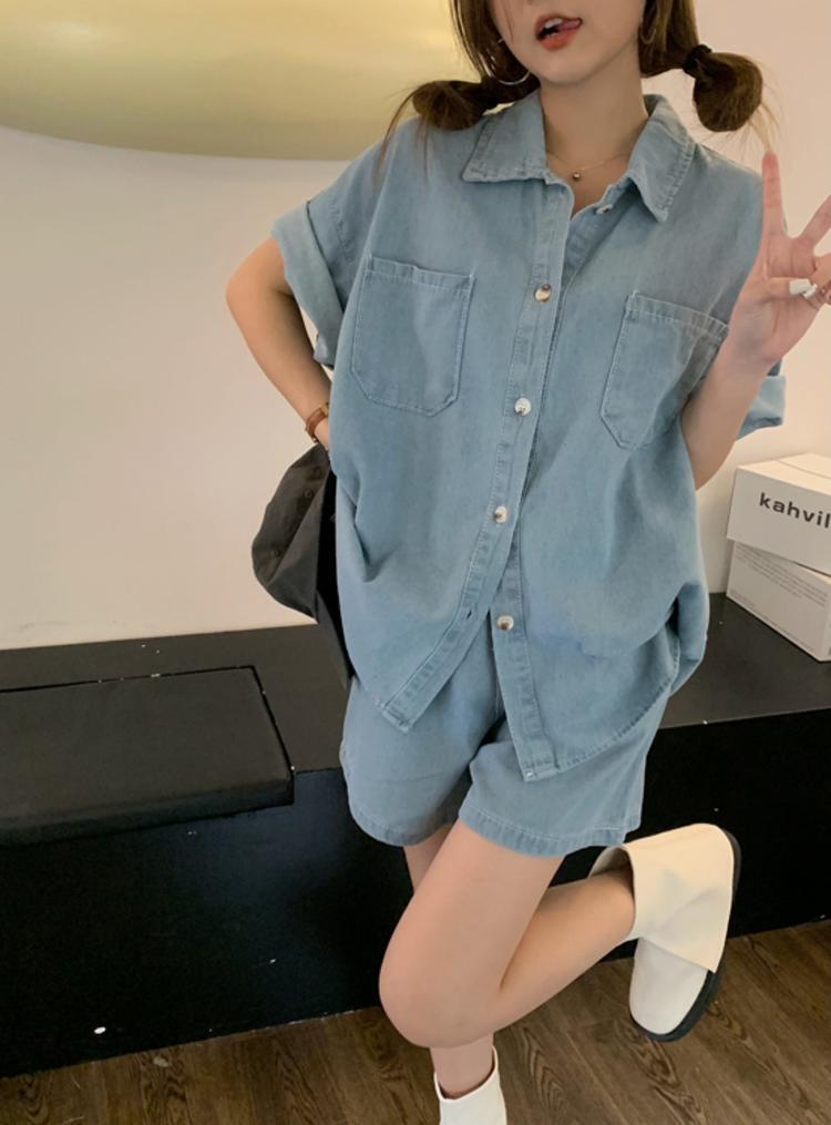 【set】デニムブラウス+ショートパンツ２点セットG21288