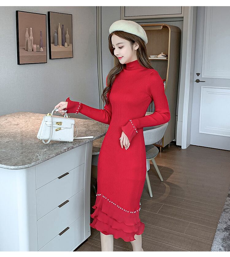 【dress】エレガント!気質満点レトロ体型カバー秋冬新作フリルニットワンピース G3729