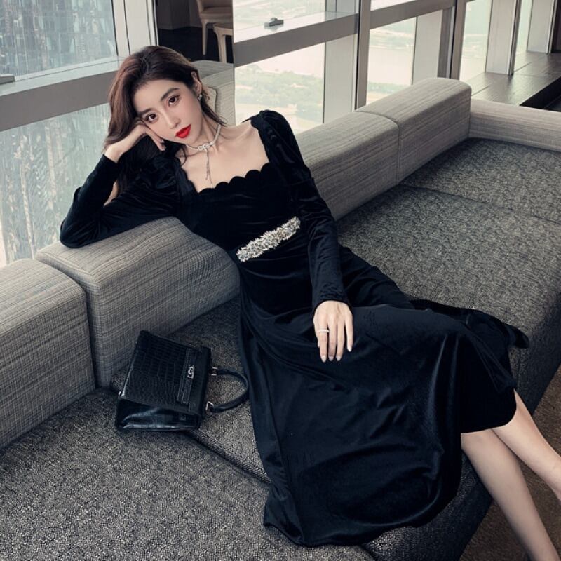 【dress】美人度アップ!気質満点ハイウエスト長袖 スクエアネックワンピース G1418