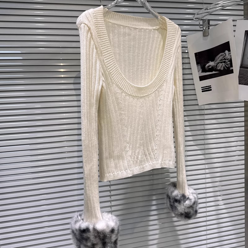 【tops】袖ファーニットトップス Q7333