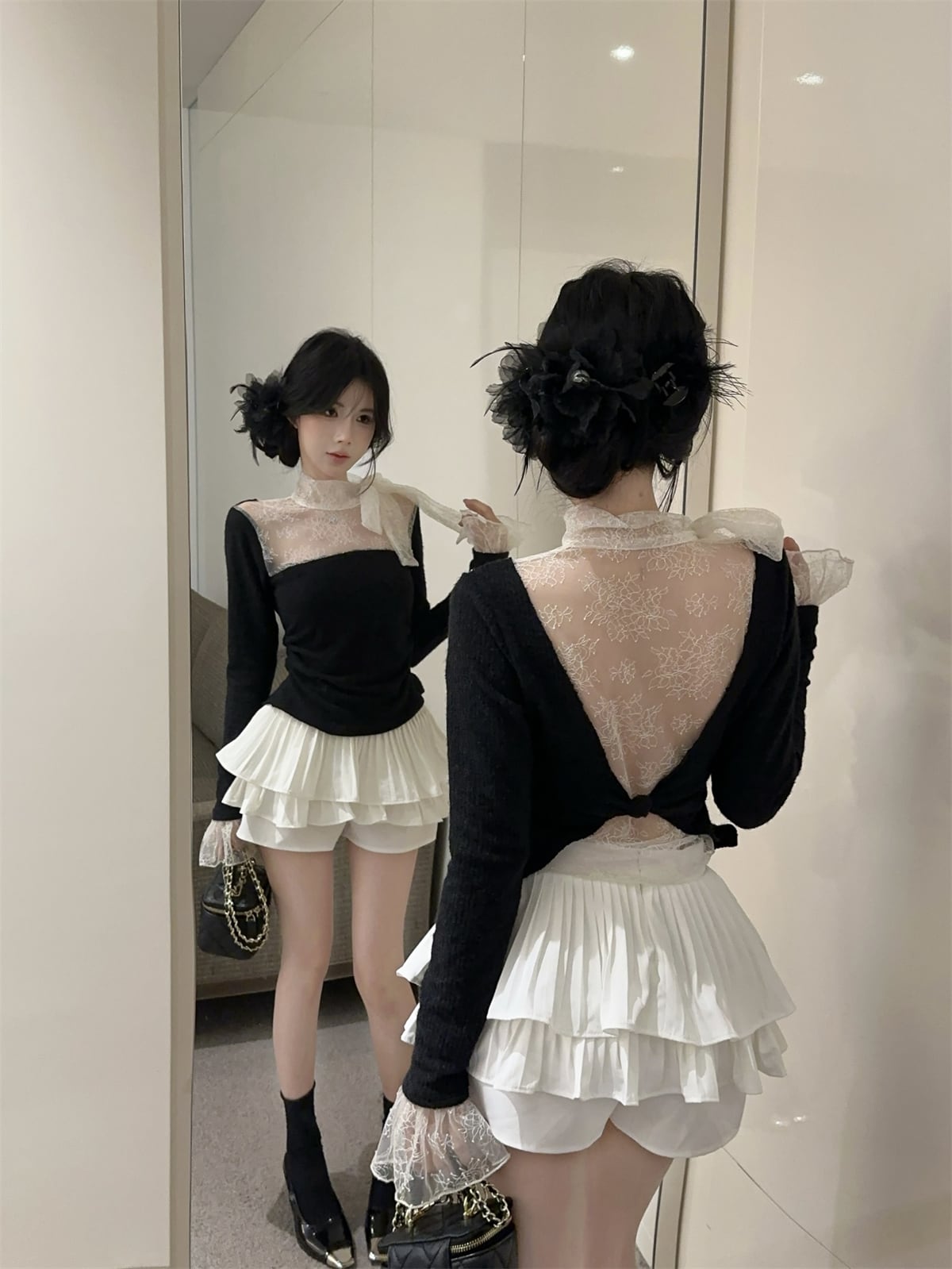 【tops】レースドッキングニットトップス　N2909