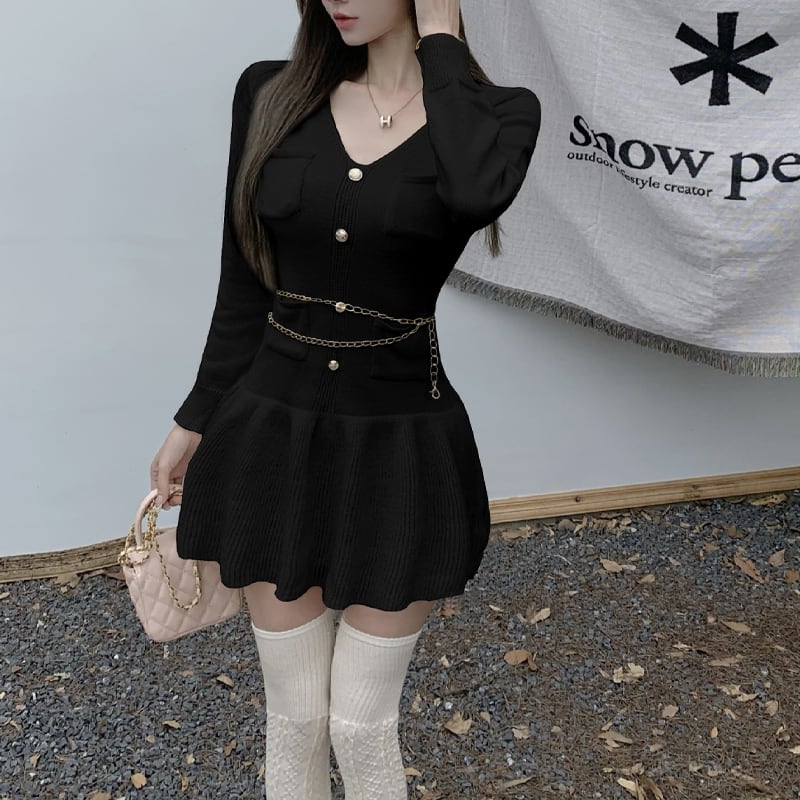 【dress】チェーン付きニットワンピース Q7579