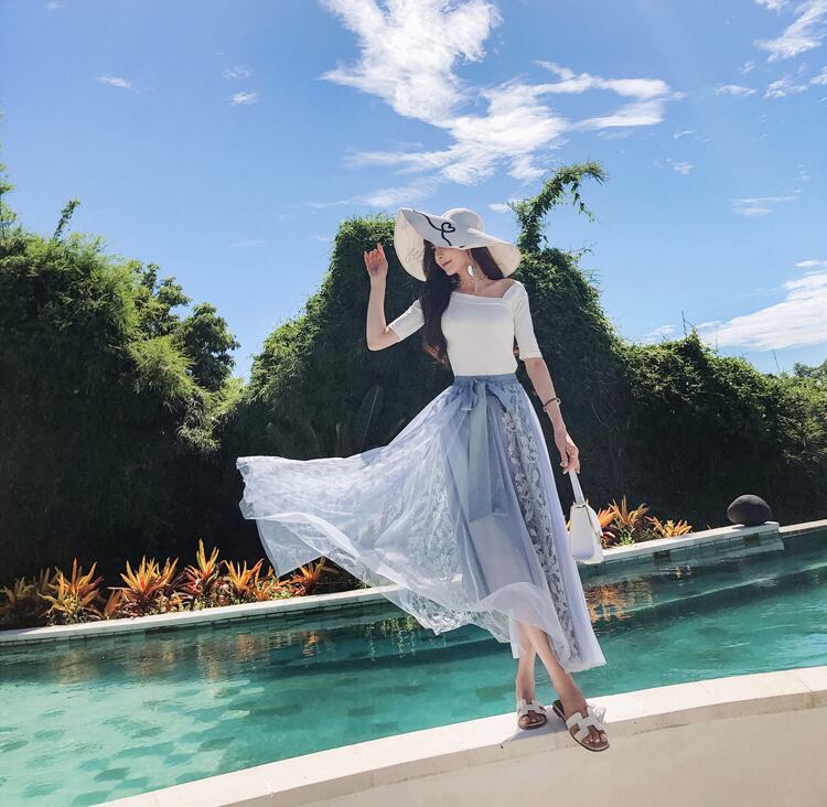 【bottoms】春夏気質アップINS風着痩せハイウエスト花柄メッシュスカート