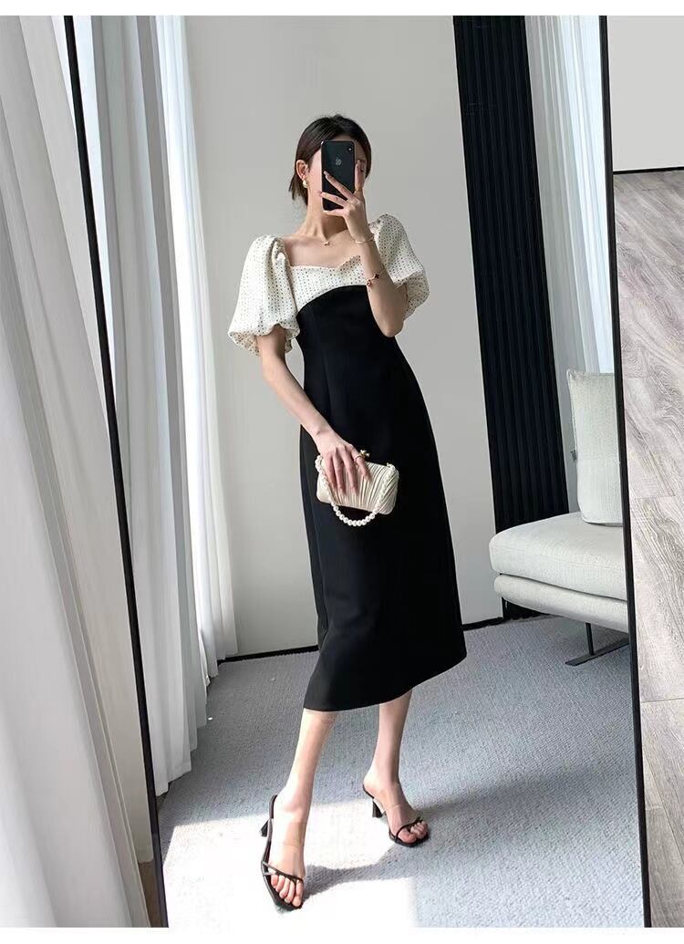 【dress】一目惚れ！レトロスクエアネック半袖パフ袖ドット柄着やせワンピースF2722