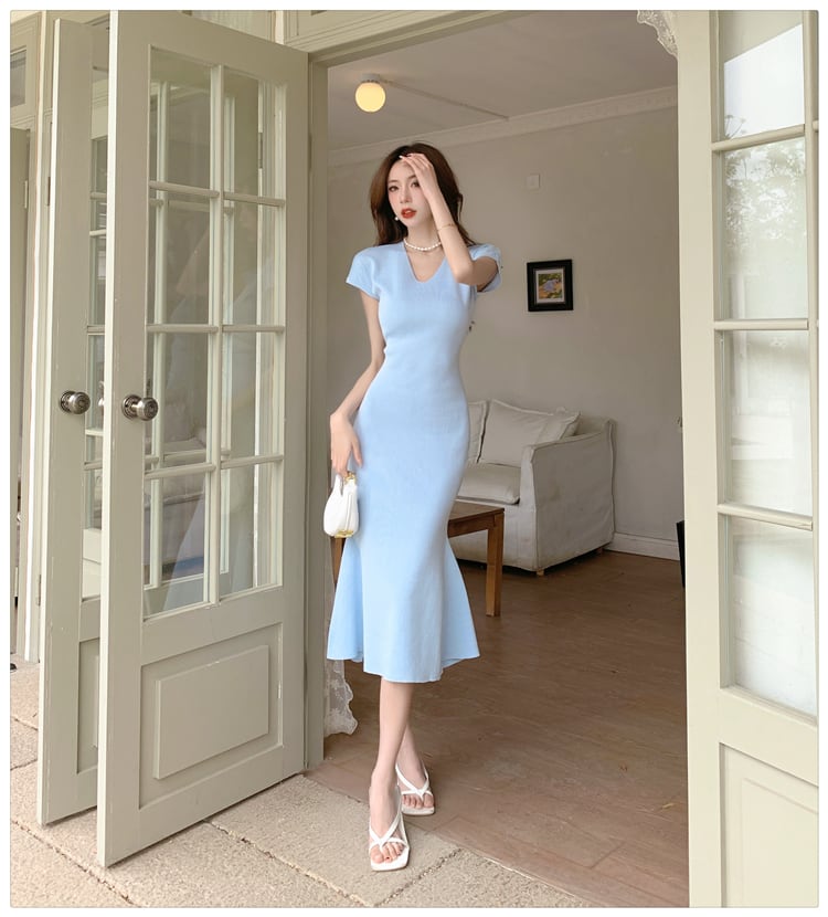 【dress】VネックマーメイドニットワンピースF7441
