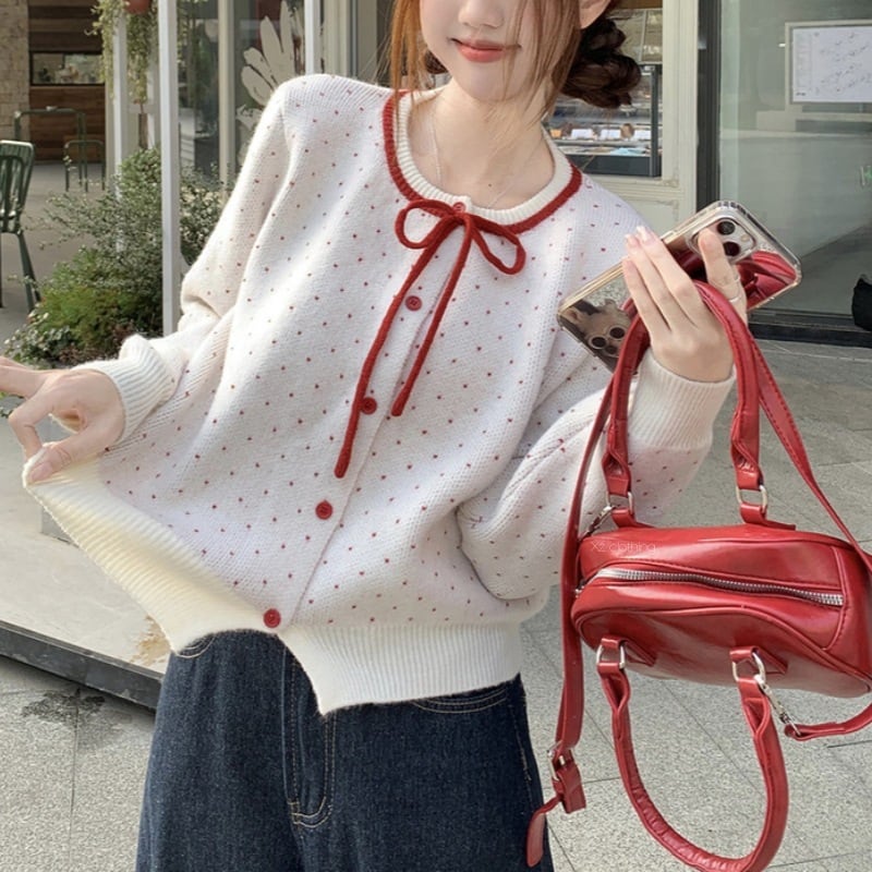 【outer】リボン付きニットカーデ　M28697
