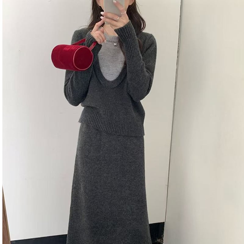 【set】フェイクレイヤードニットトップス×ロングスカートセット Q7168