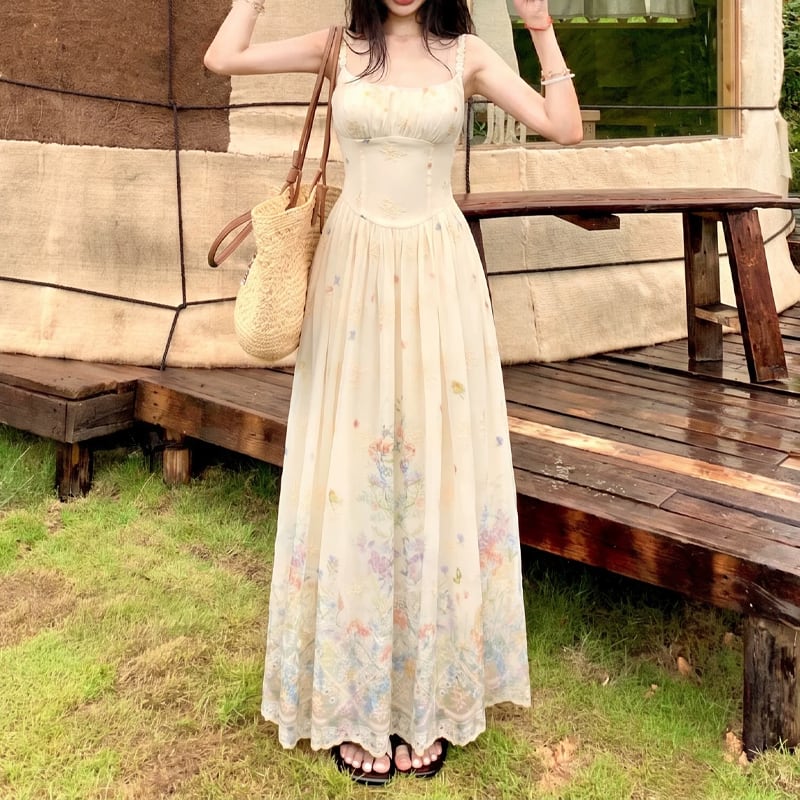 【dress】フラワー柄レース刺繡キャミワンピース Q8506